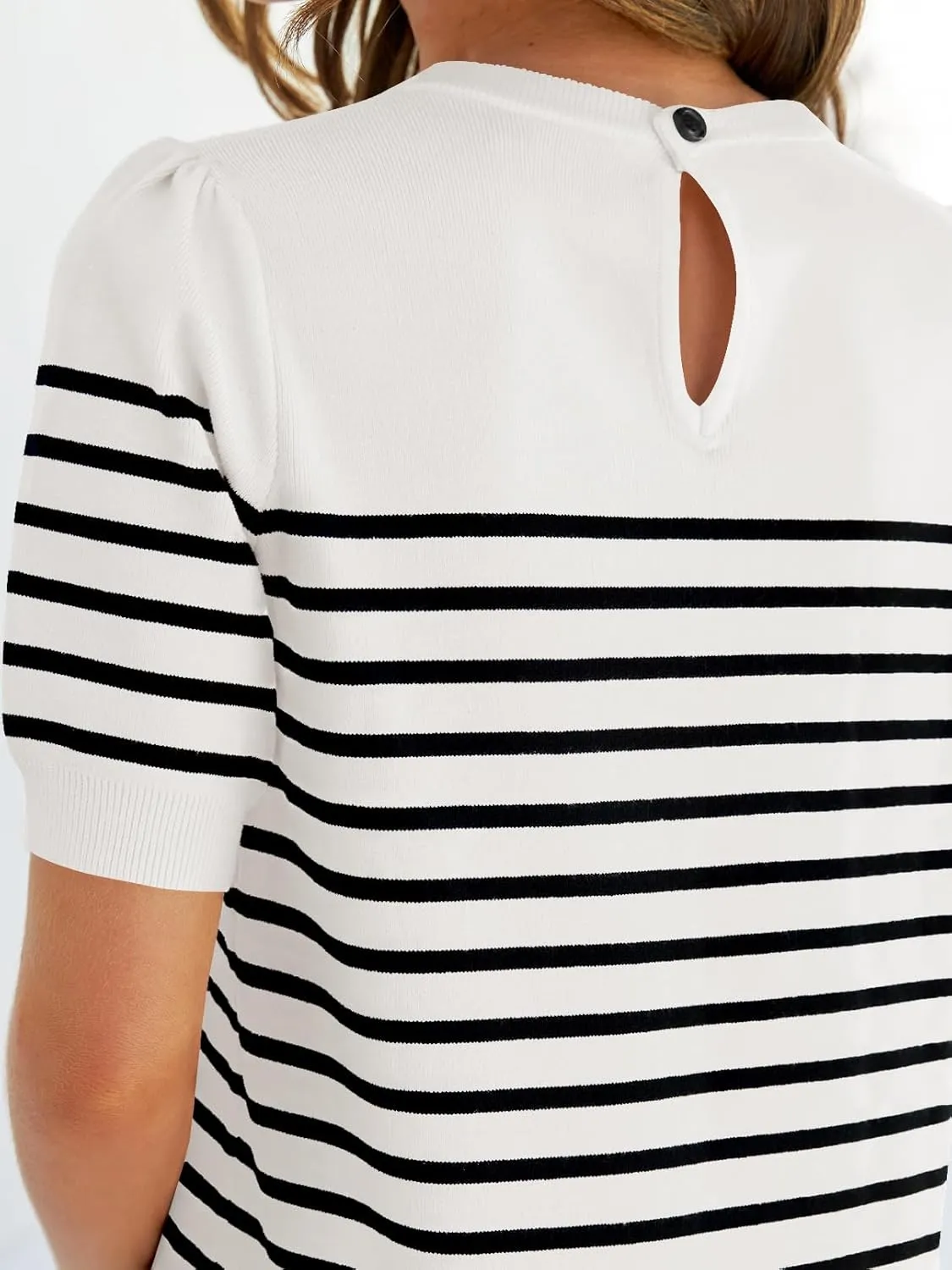 ZESICA Women's Casual Striped Tops Short Sleeve Crew Neck Ribbed Knit T Shirts Comfy Loose Basic Pullover Sweater