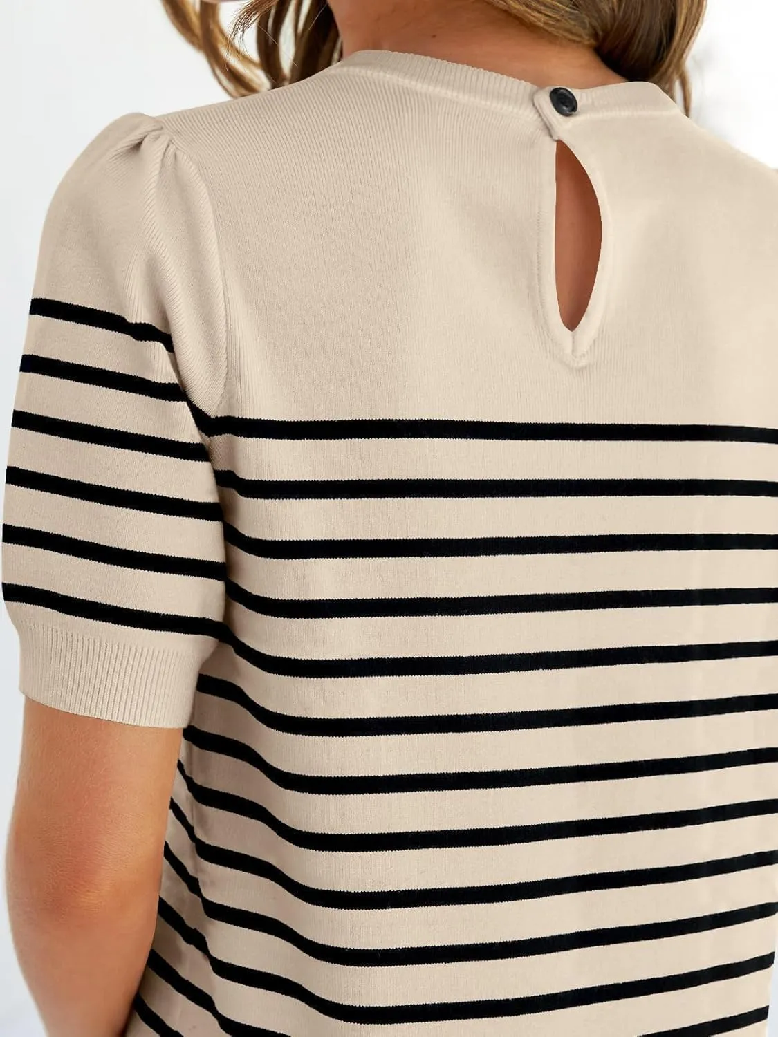 ZESICA Women's Casual Striped Tops Short Sleeve Crew Neck Ribbed Knit T Shirts Comfy Loose Basic Pullover Sweater