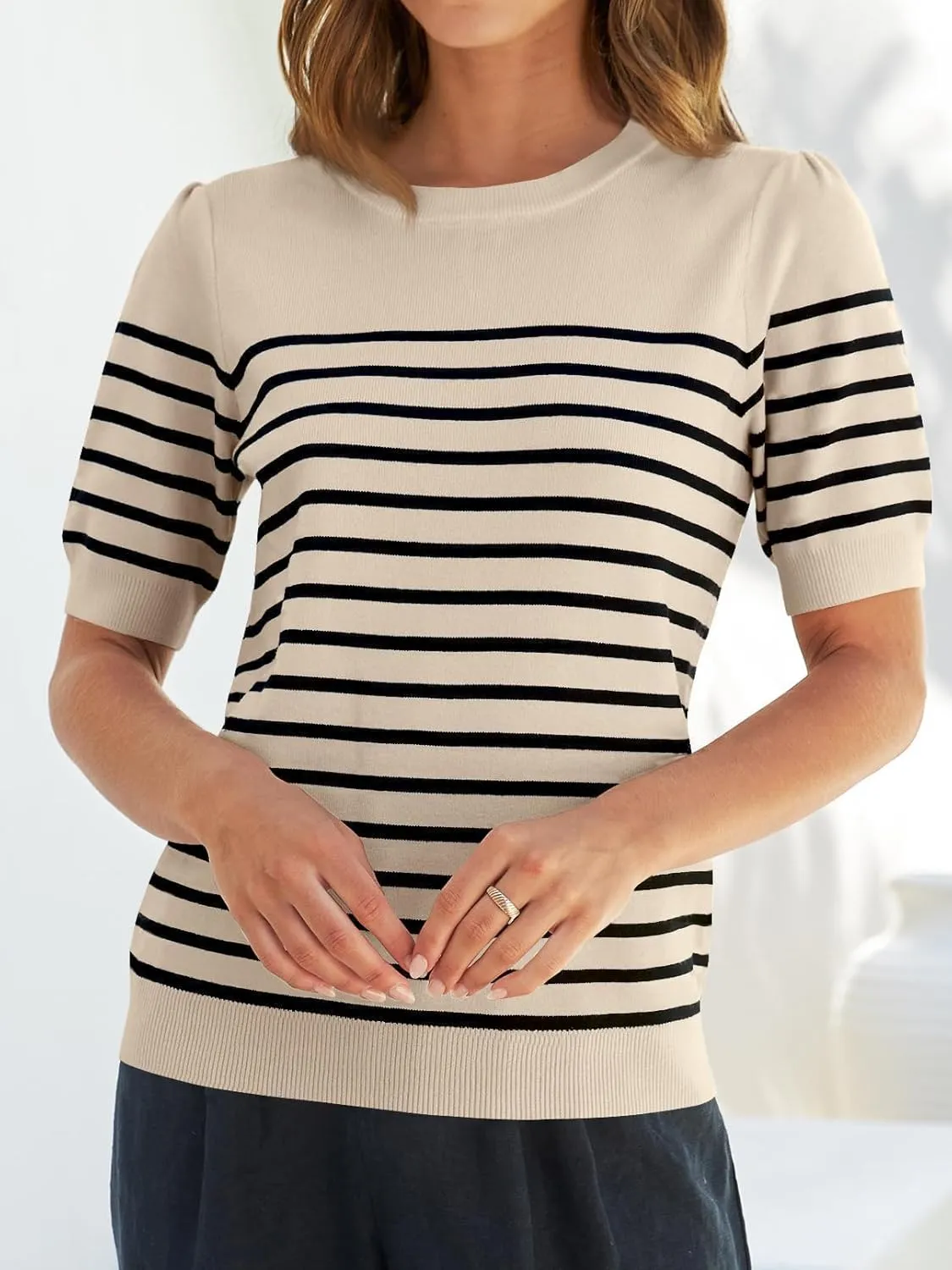 ZESICA Women's Casual Striped Tops Short Sleeve Crew Neck Ribbed Knit T Shirts Comfy Loose Basic Pullover Sweater