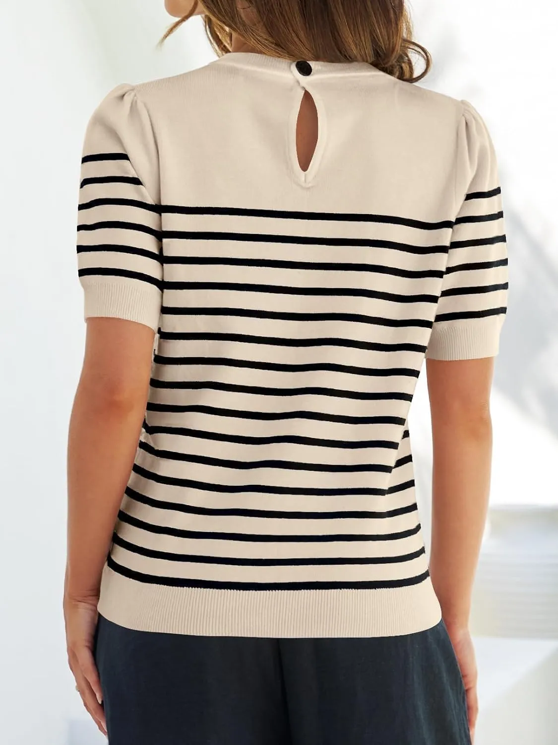 ZESICA Women's Casual Striped Tops Short Sleeve Crew Neck Ribbed Knit T Shirts Comfy Loose Basic Pullover Sweater