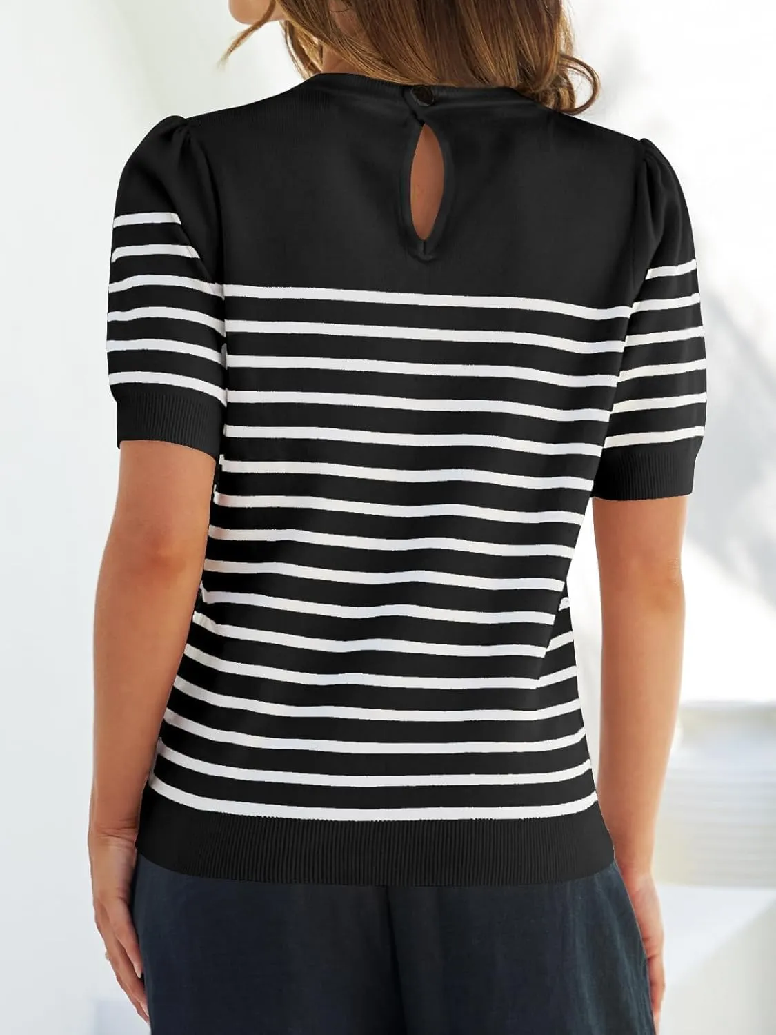 ZESICA Women's Casual Striped Tops Short Sleeve Crew Neck Ribbed Knit T Shirts Comfy Loose Basic Pullover Sweater