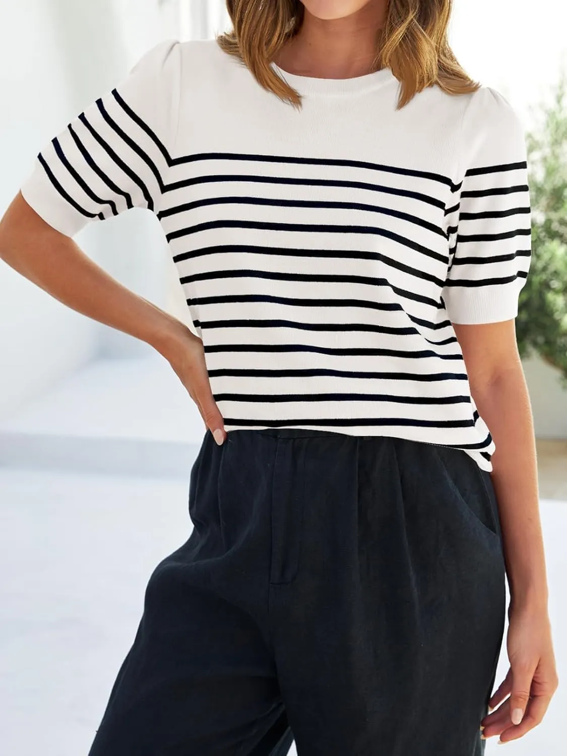 ZESICA Women's Casual Striped Tops Short Sleeve Crew Neck Ribbed Knit T Shirts Comfy Loose Basic Pullover Sweater