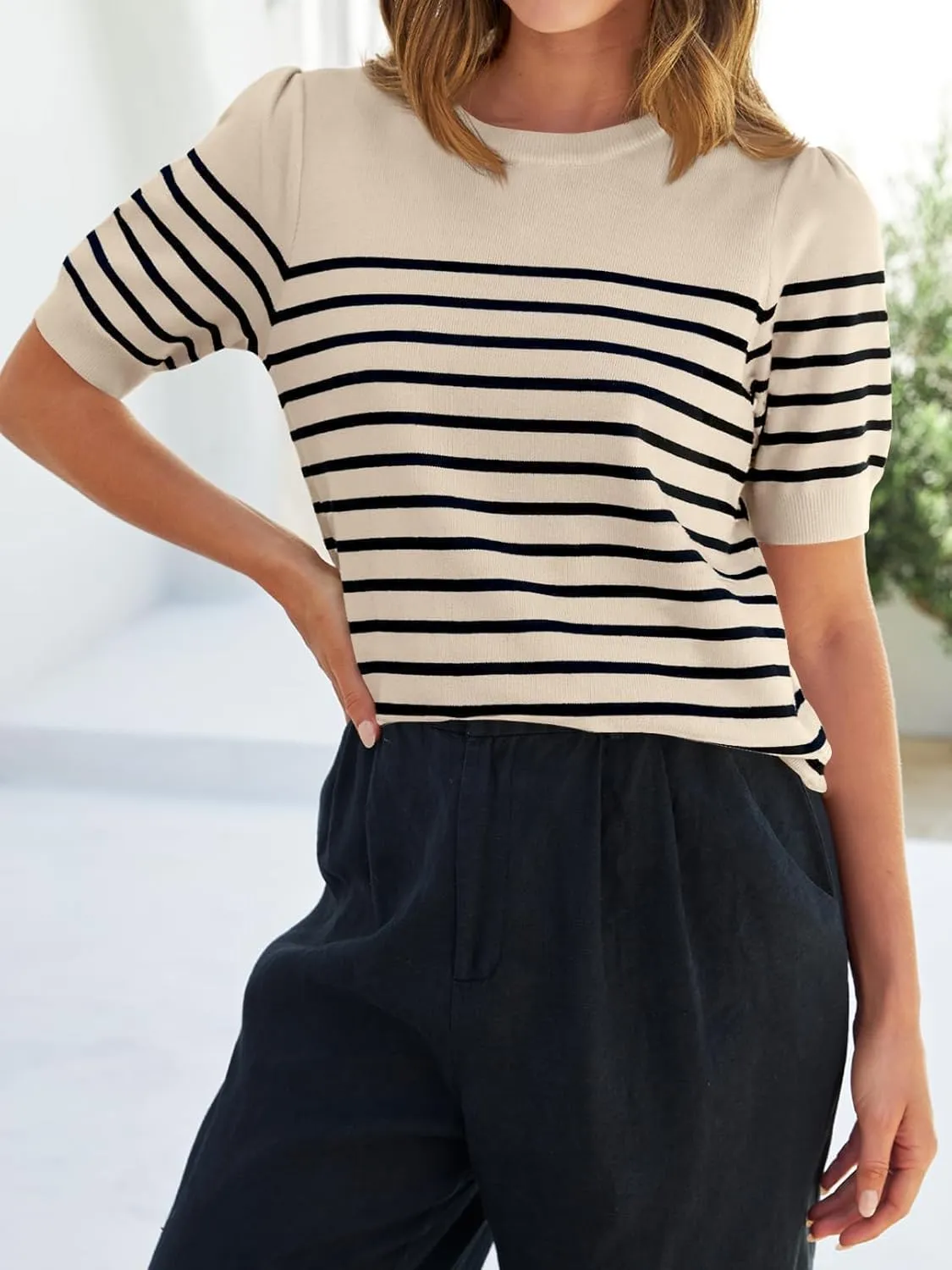 ZESICA Women's Casual Striped Tops Short Sleeve Crew Neck Ribbed Knit T Shirts Comfy Loose Basic Pullover Sweater