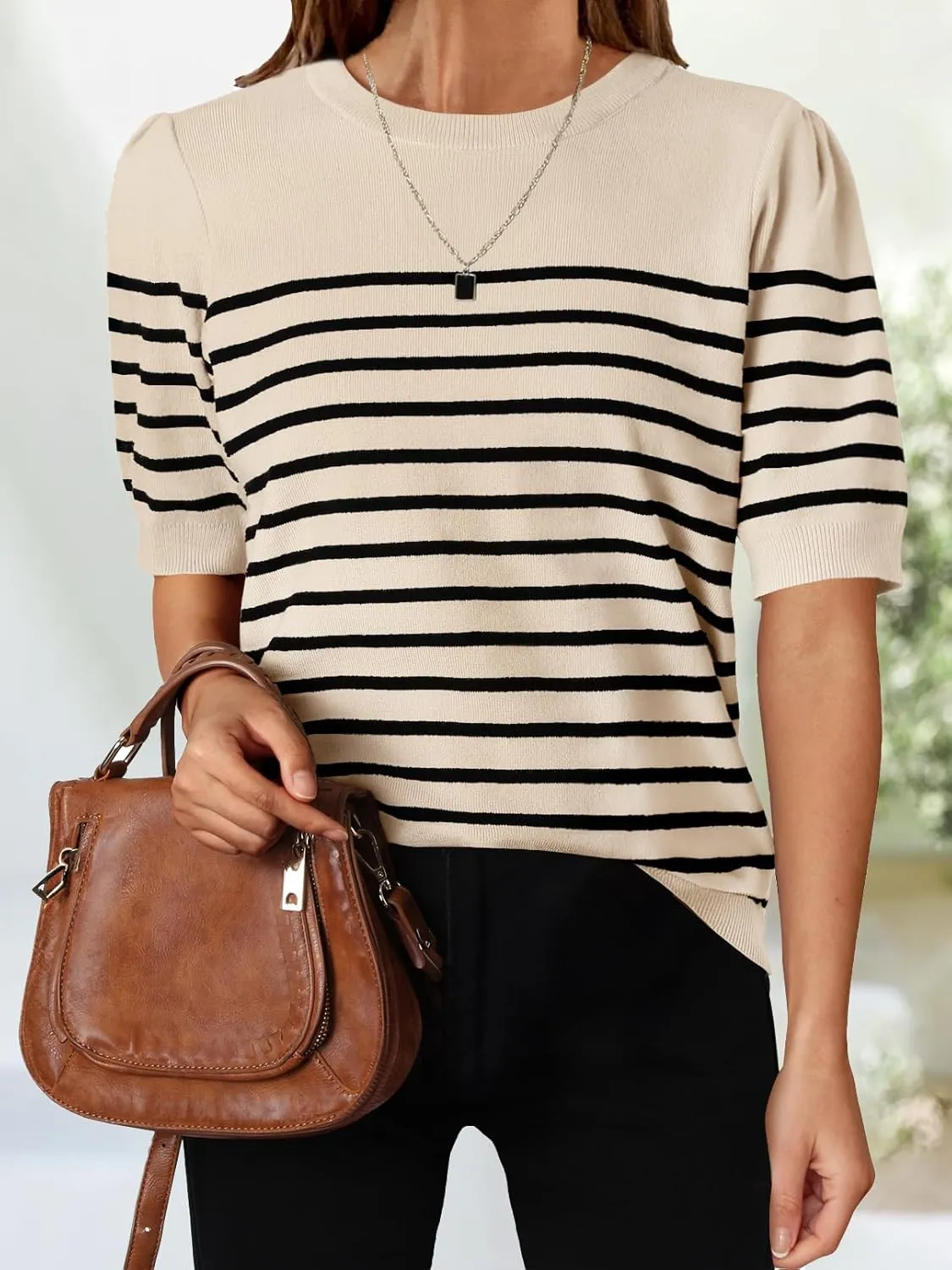 ZESICA Women's Casual Striped Tops Short Sleeve Crew Neck Ribbed Knit T Shirts Comfy Loose Basic Pullover Sweater