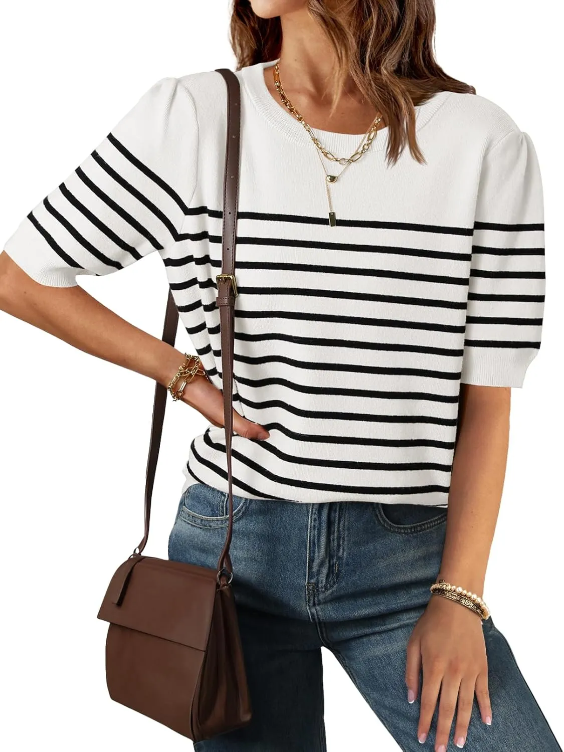 ZESICA Women's Casual Striped Tops Short Sleeve Crew Neck Ribbed Knit T Shirts Comfy Loose Basic Pullover Sweater