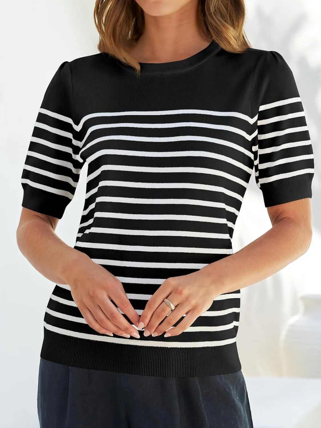 ZESICA Women's Casual Striped Tops Short Sleeve Crew Neck Ribbed Knit T Shirts Comfy Loose Basic Pullover Sweater
