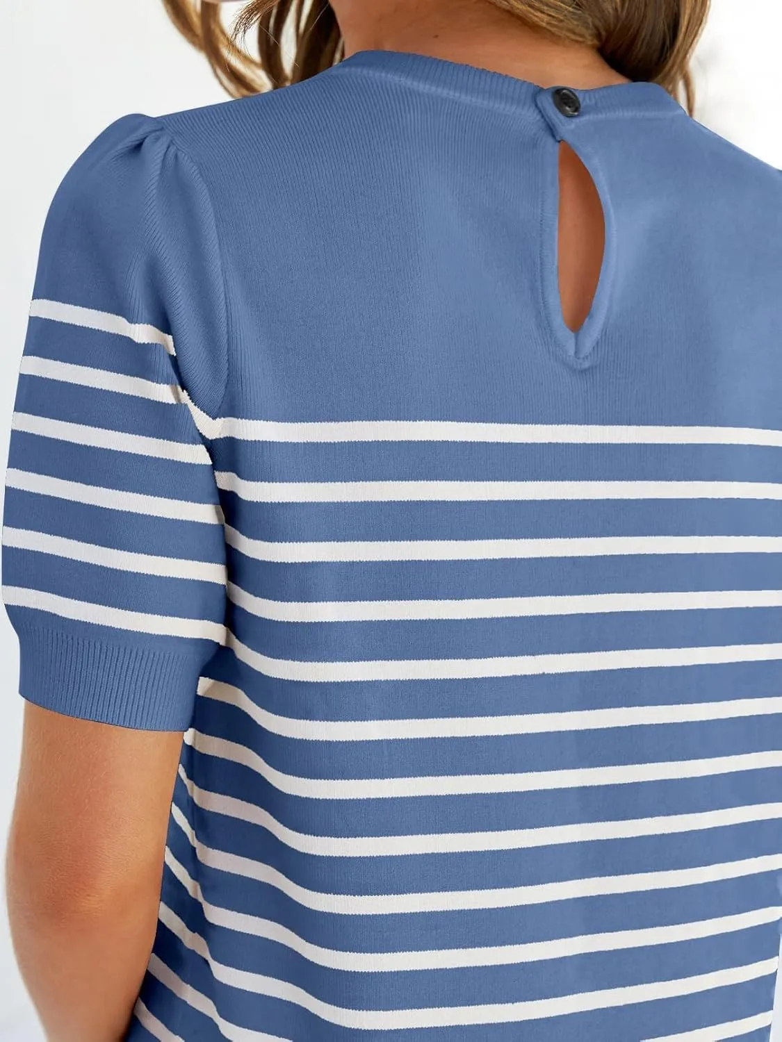 ZESICA Women's Casual Striped Tops Short Sleeve Crew Neck Ribbed Knit T Shirts Comfy Loose Basic Pullover Sweater