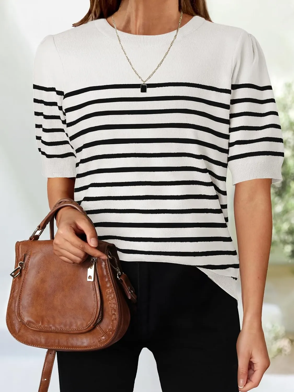 ZESICA Women's Casual Striped Tops Short Sleeve Crew Neck Ribbed Knit T Shirts Comfy Loose Basic Pullover Sweater