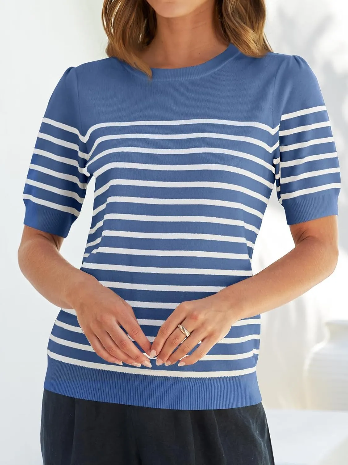 ZESICA Women's Casual Striped Tops Short Sleeve Crew Neck Ribbed Knit T Shirts Comfy Loose Basic Pullover Sweater