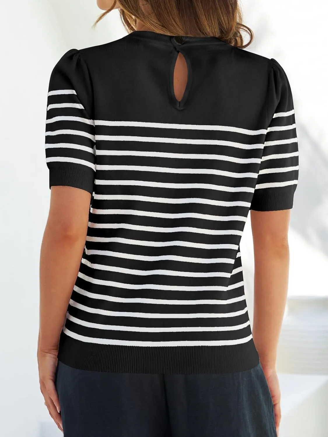 ZESICA Women's Casual Striped Tops Short Sleeve Crew Neck Ribbed Knit T Shirts Comfy Loose Basic Pullover Sweater
