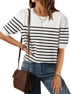 ZESICA Women's Casual Striped Tops Short Sleeve Crew Neck Ribbed Knit T Shirts Comfy Loose Basic Pullover Sweater