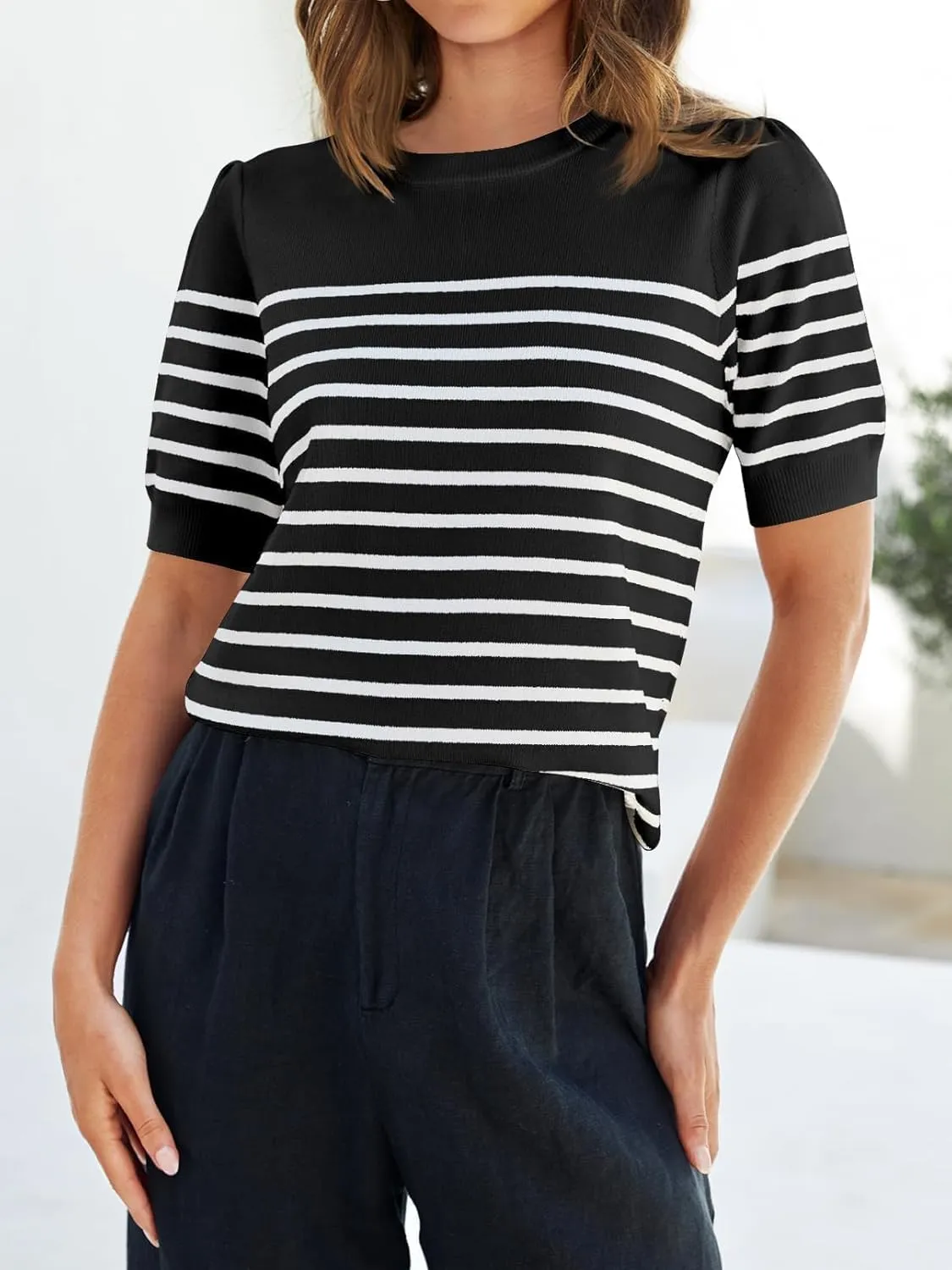 ZESICA Women's Casual Striped Tops Short Sleeve Crew Neck Ribbed Knit T Shirts Comfy Loose Basic Pullover Sweater