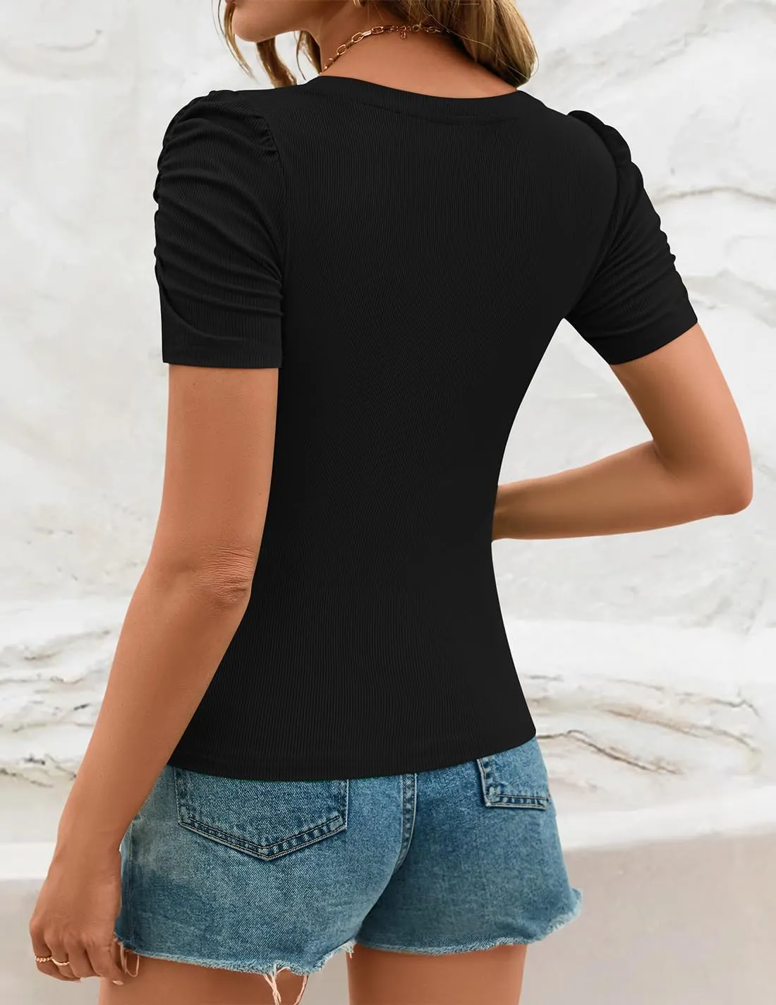 ZESICA Women's Ribbed Square Neck Puff Sleeve Tops 2025 Summer Fitted Casual Basic Business Work T Shirts