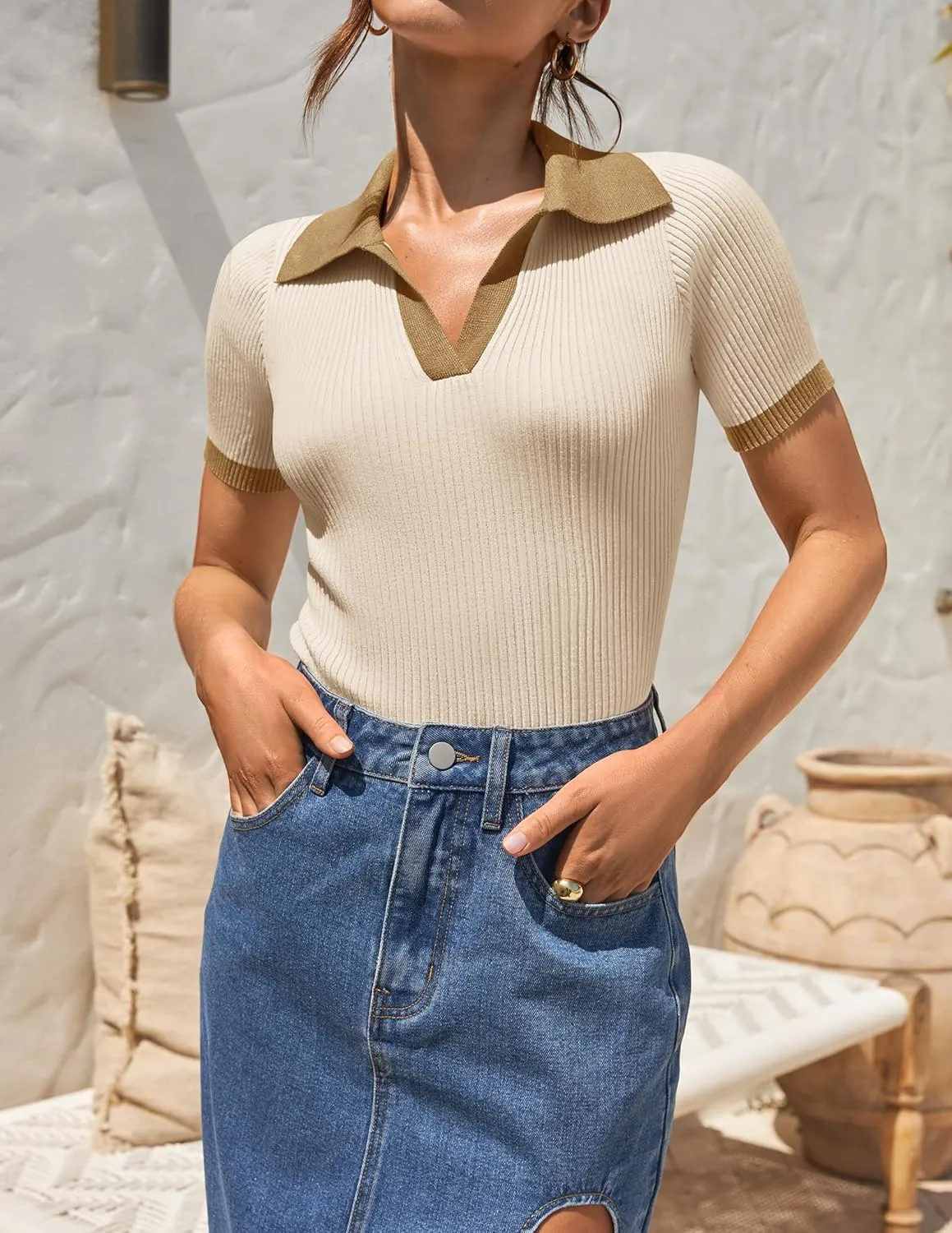 ZESICA Women's Short Sleeve V Neck T Shirts 2025 Summer Ribbed Knit Slim Fitted Basic Solid Color Tee Tops