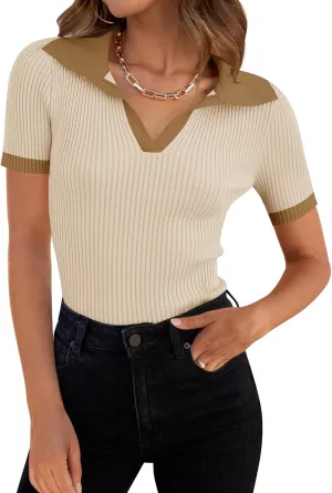 ZESICA Women's Short Sleeve V Neck T Shirts 2025 Summer Ribbed Knit Slim Fitted Basic Solid Color Tee Tops