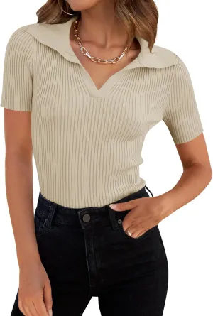 ZESICA Women's Short Sleeve V Neck T Shirts 2025 Summer Ribbed Knit Slim Fitted Basic Solid Color Tee Tops