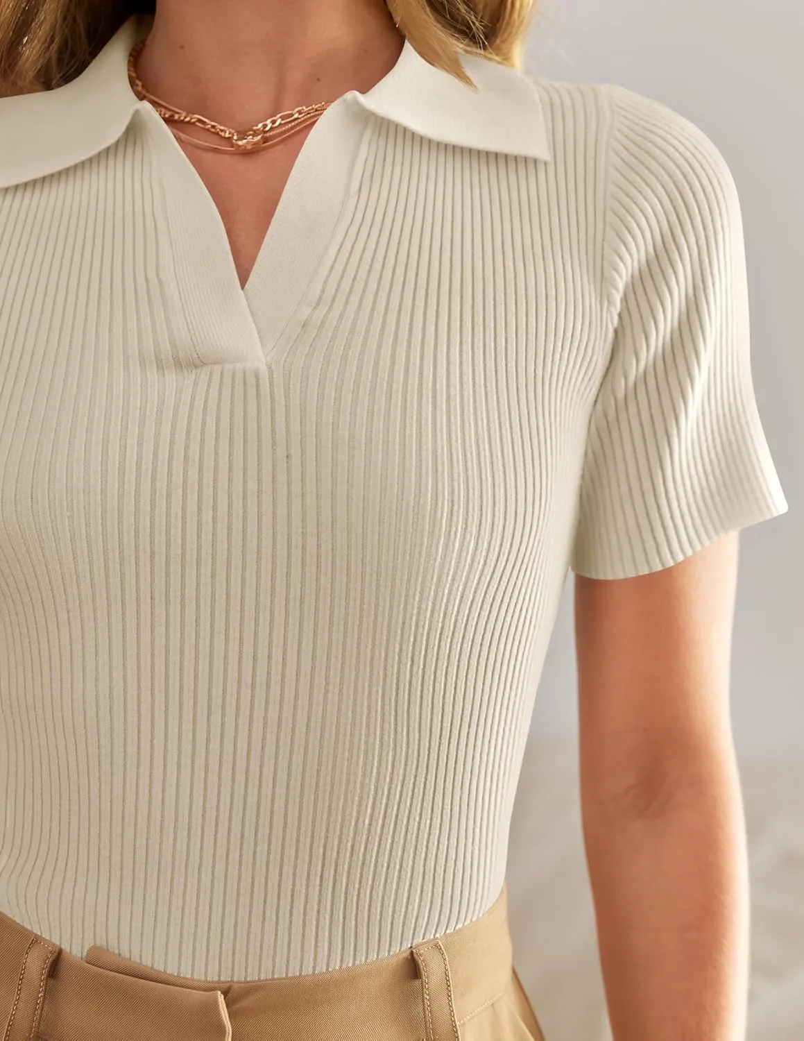 ZESICA Women's Short Sleeve V Neck T Shirts 2025 Summer Ribbed Knit Slim Fitted Basic Solid Color Tee Tops