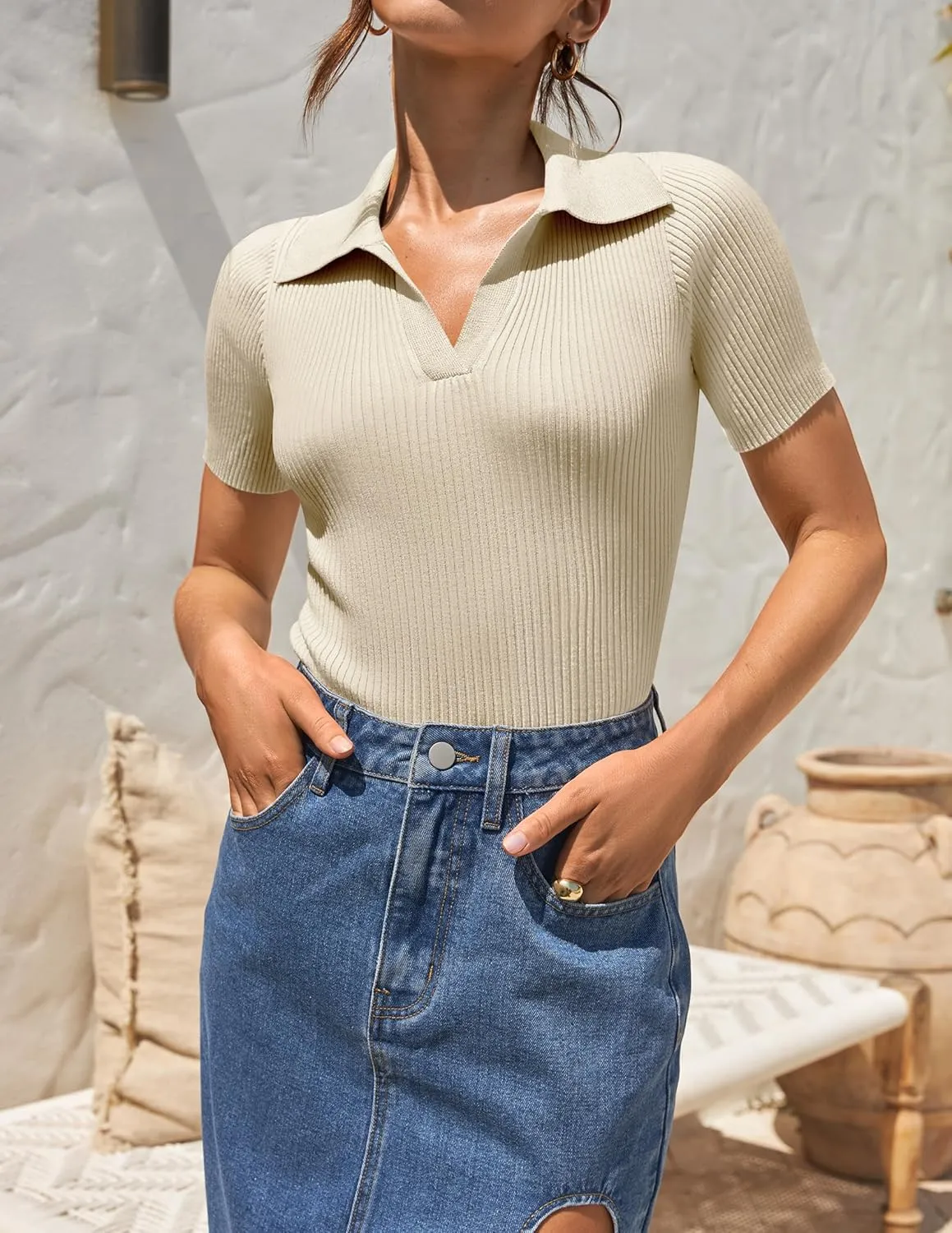 ZESICA Women's Short Sleeve V Neck T Shirts 2025 Summer Ribbed Knit Slim Fitted Basic Solid Color Tee Tops