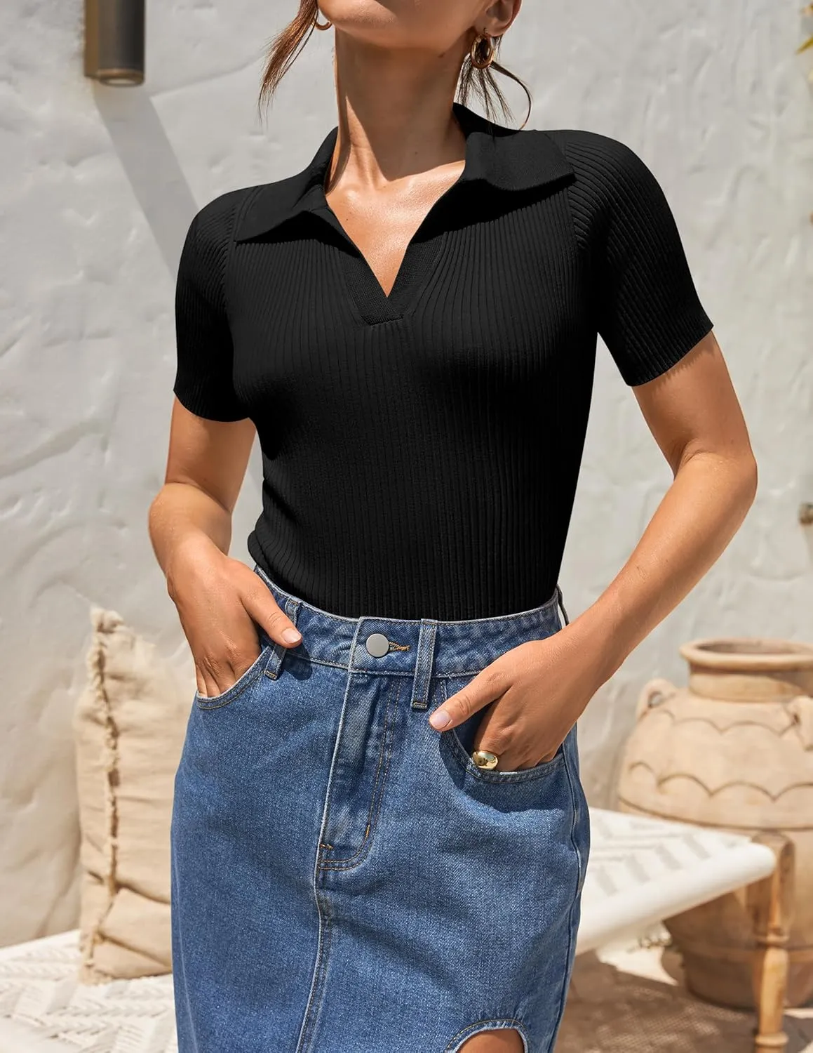 ZESICA Women's Short Sleeve V Neck T Shirts 2025 Summer Ribbed Knit Slim Fitted Basic Solid Color Tee Tops