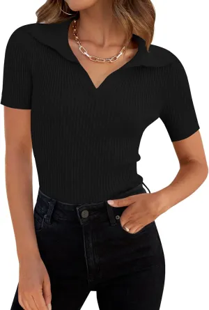 ZESICA Women's Short Sleeve V Neck T Shirts 2025 Summer Ribbed Knit Slim Fitted Basic Solid Color Tee Tops