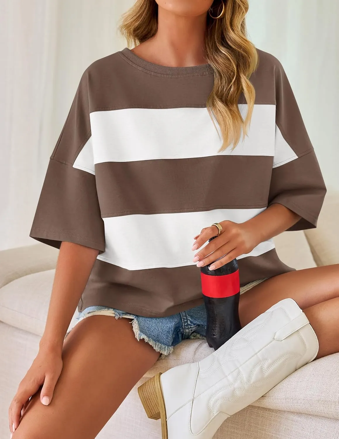 ZESICA Women's Summer 2025 3/4 Sleeve Casual Tee Tops Crewneck Drop Shoulder Color Block Oversized T-Shirts