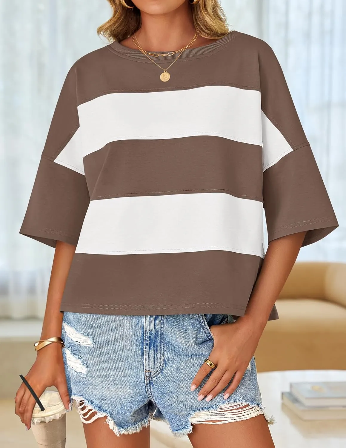 ZESICA Women's Summer 2025 3/4 Sleeve Casual Tee Tops Crewneck Drop Shoulder Color Block Oversized T-Shirts