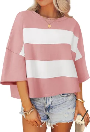 ZESICA Women's Summer 2025 3/4 Sleeve Casual Tee Tops Crewneck Drop Shoulder Color Block Oversized T-Shirts