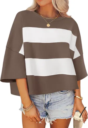 ZESICA Women's Summer 2025 3/4 Sleeve Casual Tee Tops Crewneck Drop Shoulder Color Block Oversized T-Shirts