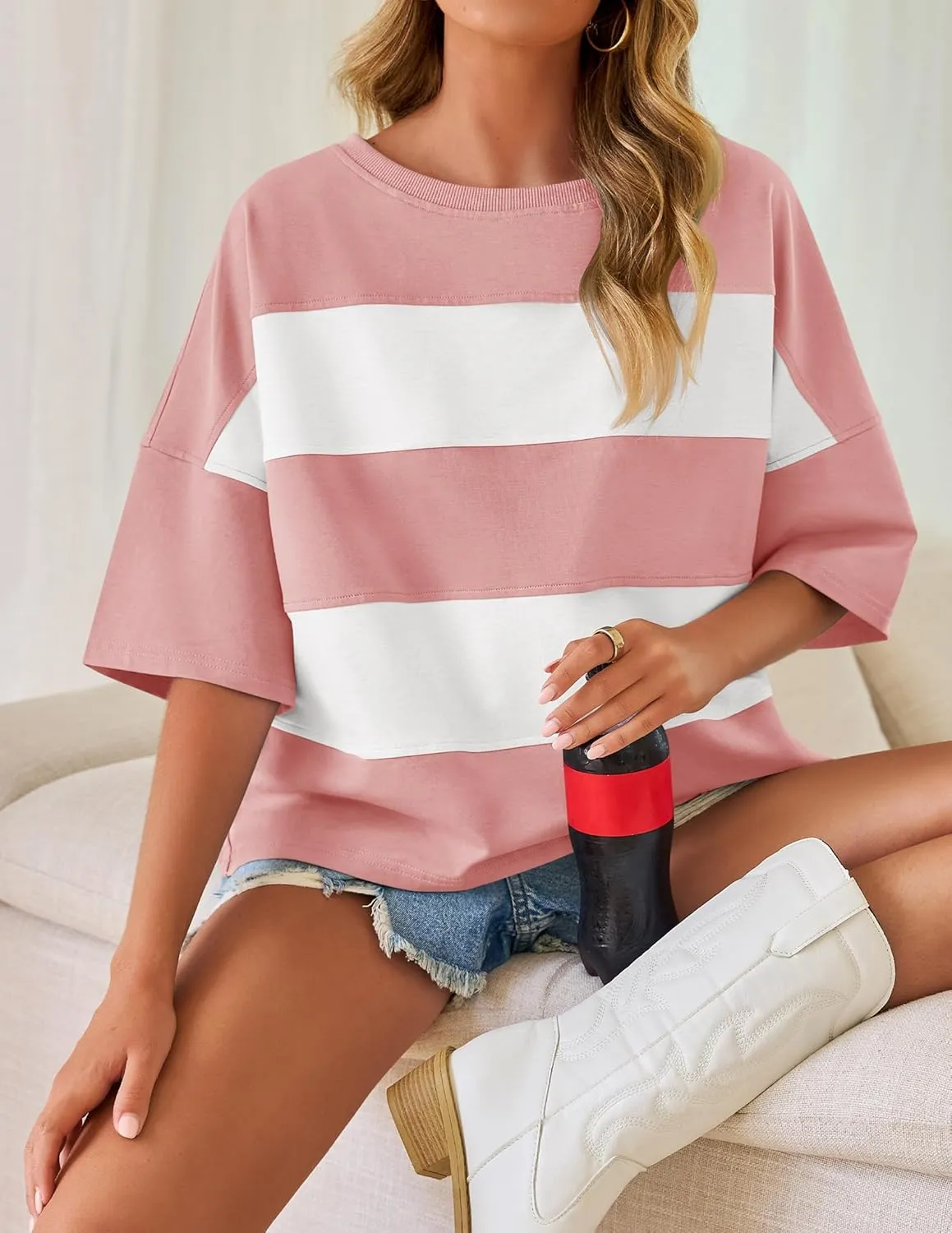 ZESICA Women's Summer 2025 3/4 Sleeve Casual Tee Tops Crewneck Drop Shoulder Color Block Oversized T-Shirts