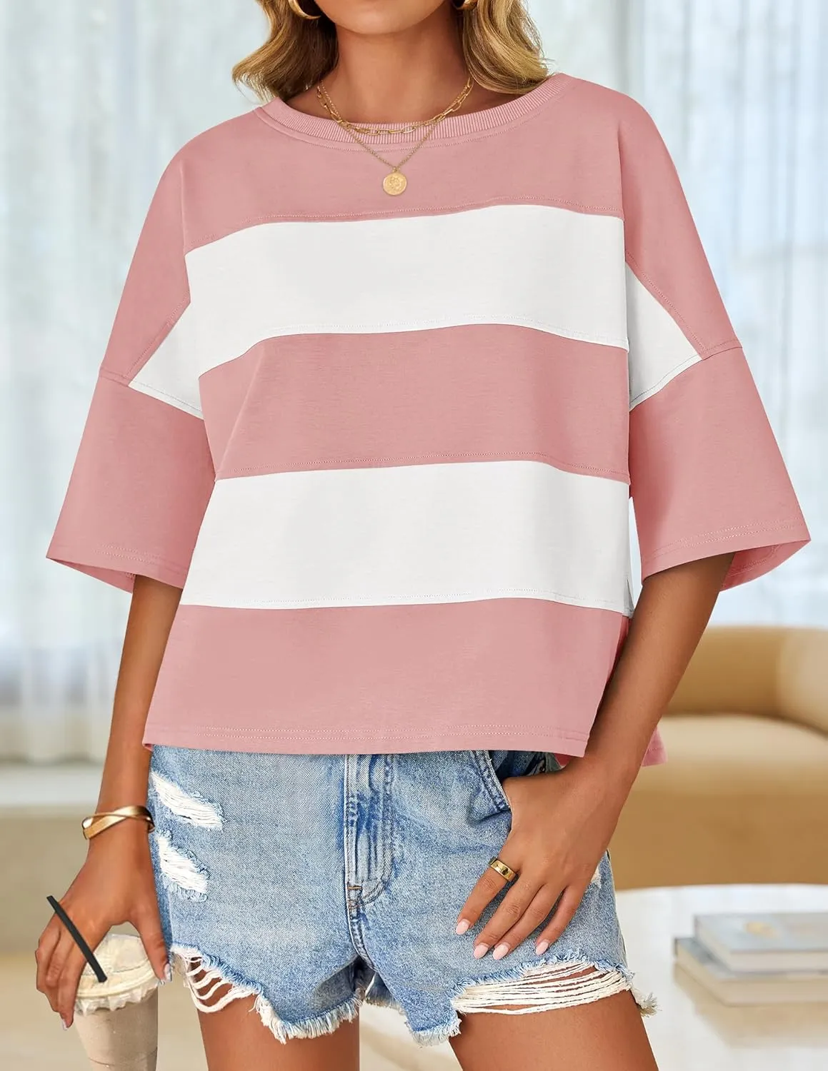 ZESICA Women's Summer 2025 3/4 Sleeve Casual Tee Tops Crewneck Drop Shoulder Color Block Oversized T-Shirts