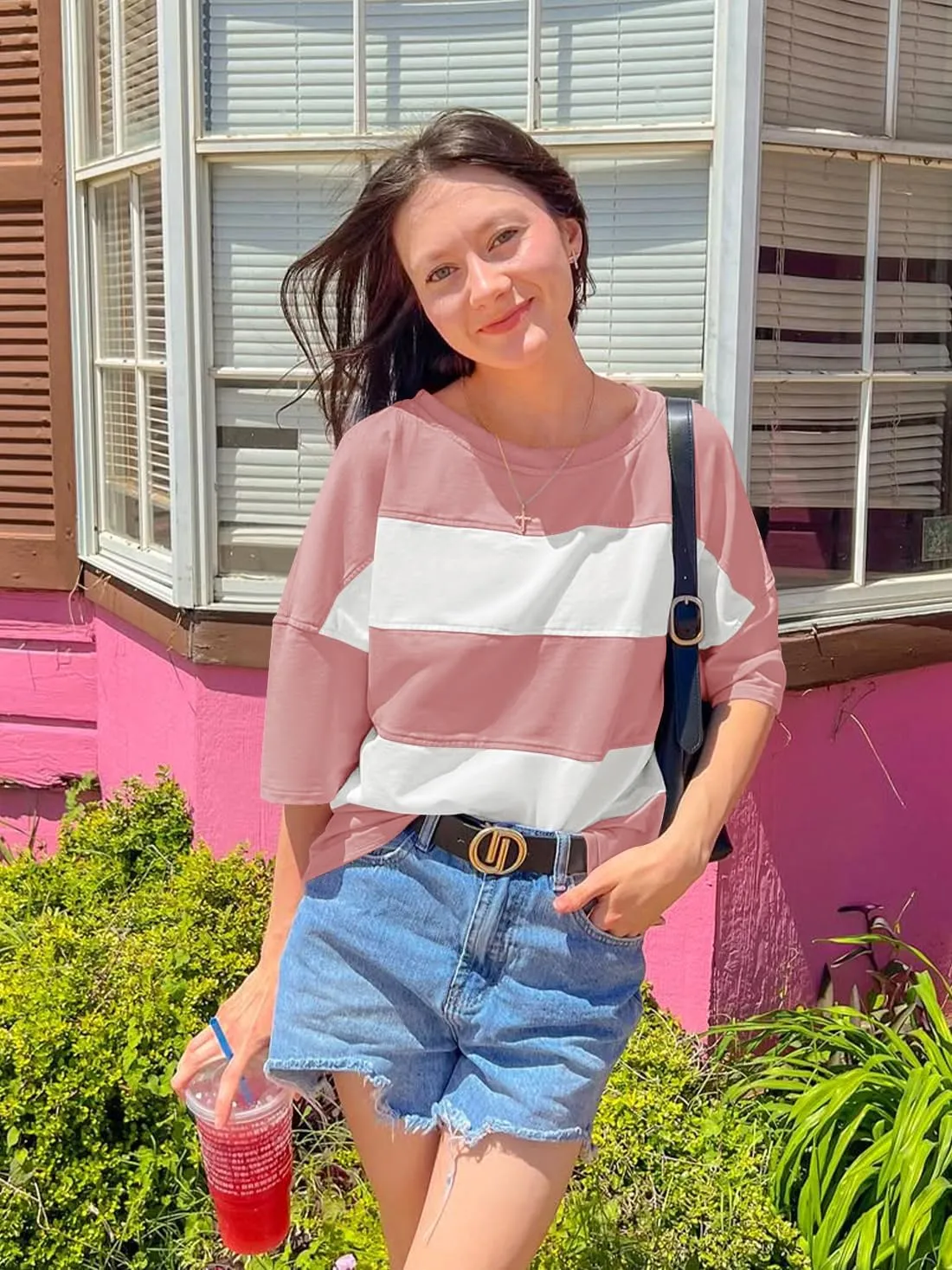 ZESICA Women's Summer 2025 3/4 Sleeve Casual Tee Tops Crewneck Drop Shoulder Color Block Oversized T-Shirts