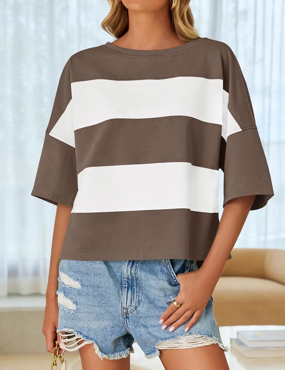 ZESICA Women's Summer 2025 3/4 Sleeve Casual Tee Tops Crewneck Drop Shoulder Color Block Oversized T-Shirts