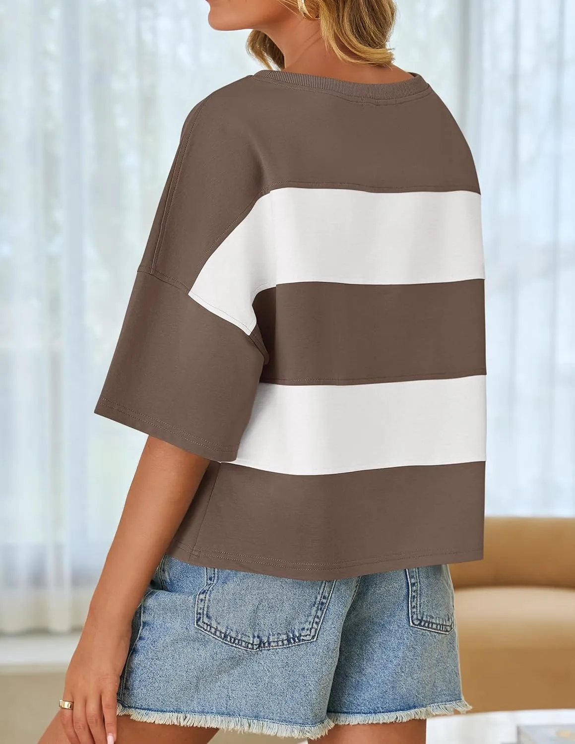 ZESICA Women's Summer 2025 3/4 Sleeve Casual Tee Tops Crewneck Drop Shoulder Color Block Oversized T-Shirts