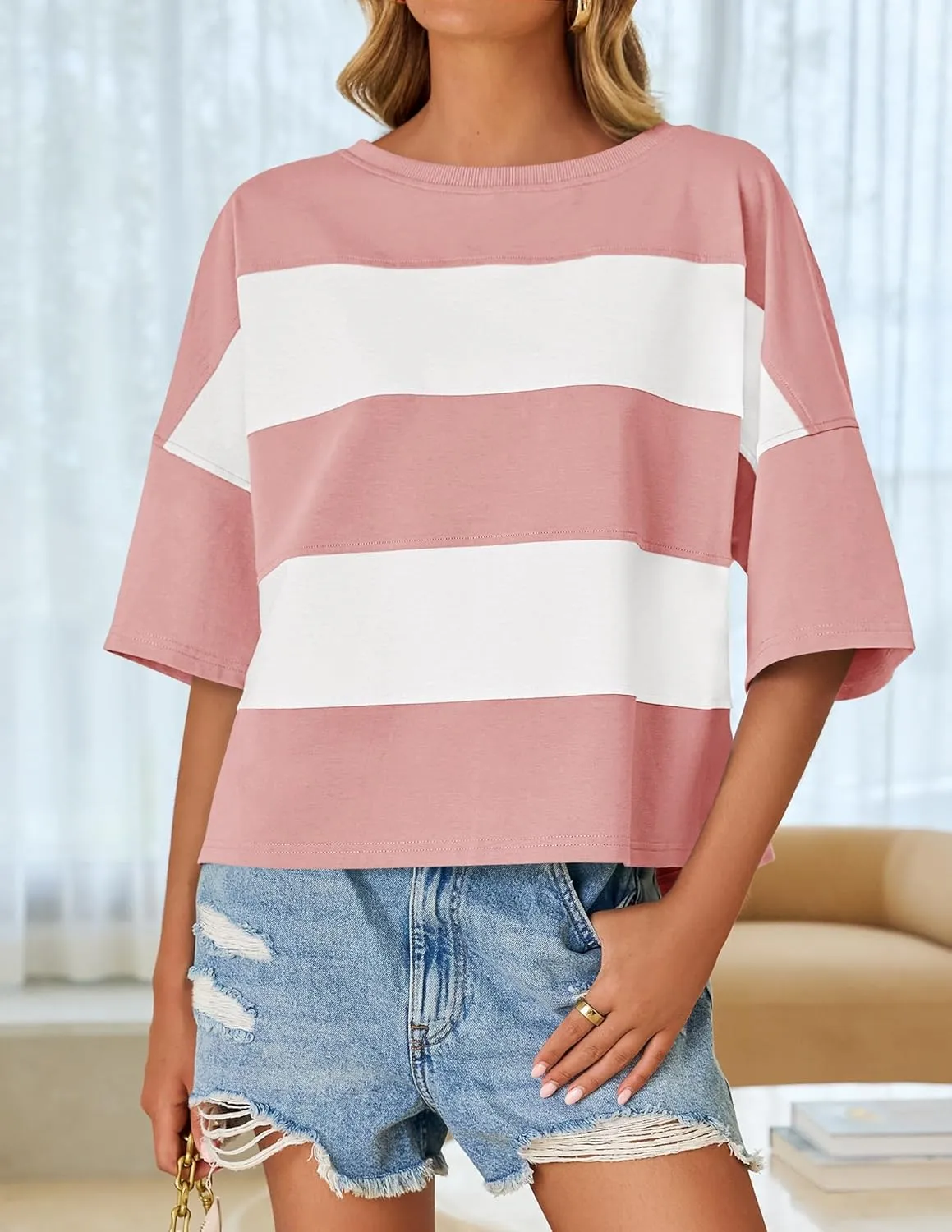 ZESICA Women's Summer 2025 3/4 Sleeve Casual Tee Tops Crewneck Drop Shoulder Color Block Oversized T-Shirts