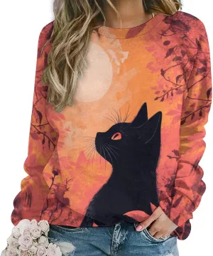 ZOCAVIA Womens Funny Cat Sweatshirts Fall Casual Crewneck Pullover Tops Vintage Forest Graphic Long Sleeve T Shirts Oversized